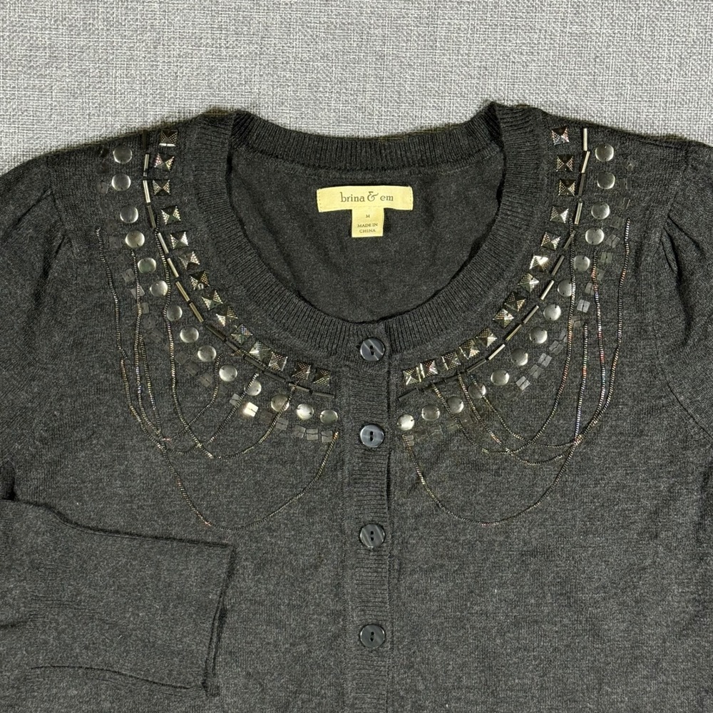 Brina & Em Beaded Cardigan Women M Gray Embellished Career Dar Academia Edgy